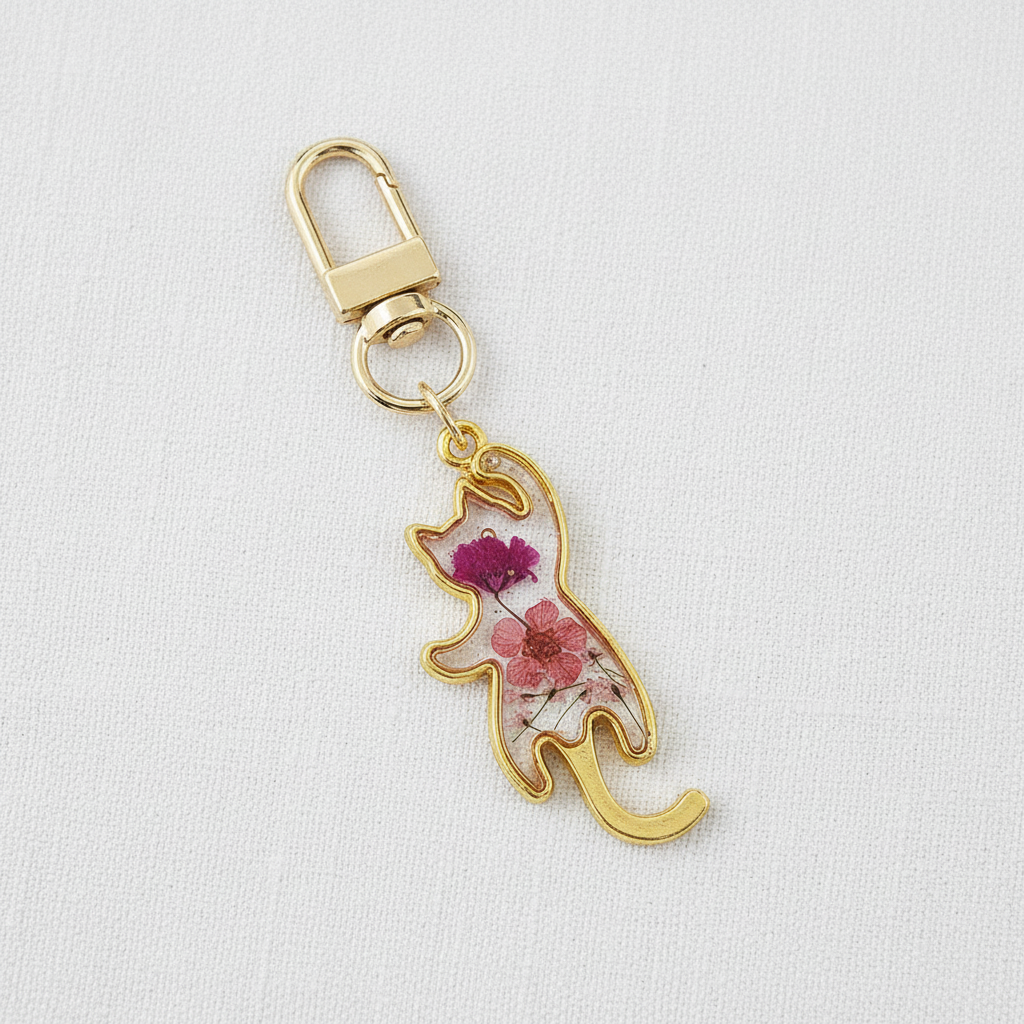Cat Shaped Botanical Keychain, Preserved Floral Resin Charm, Nature Inspired Gift for Cat Lovers