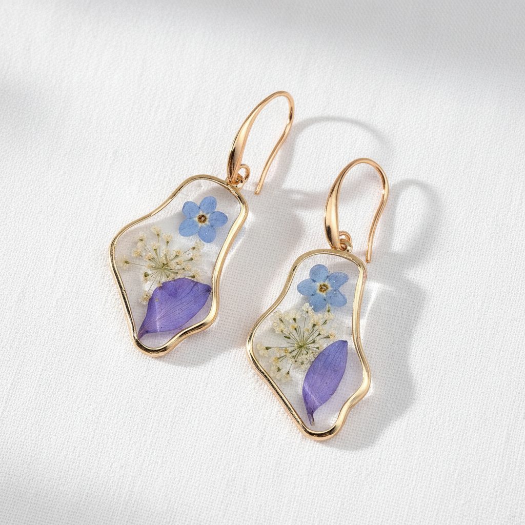 Blue Dried Flower Resin Earrings, Botanical Floral Dangle Earrings, Nature Inspired Gift for Her