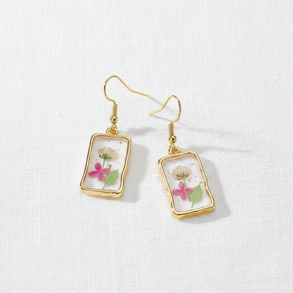 Assorted Botanical Print Geometric Rectangle Drop Earrings, Floral Dangles, Nature Inspired Gift for Her