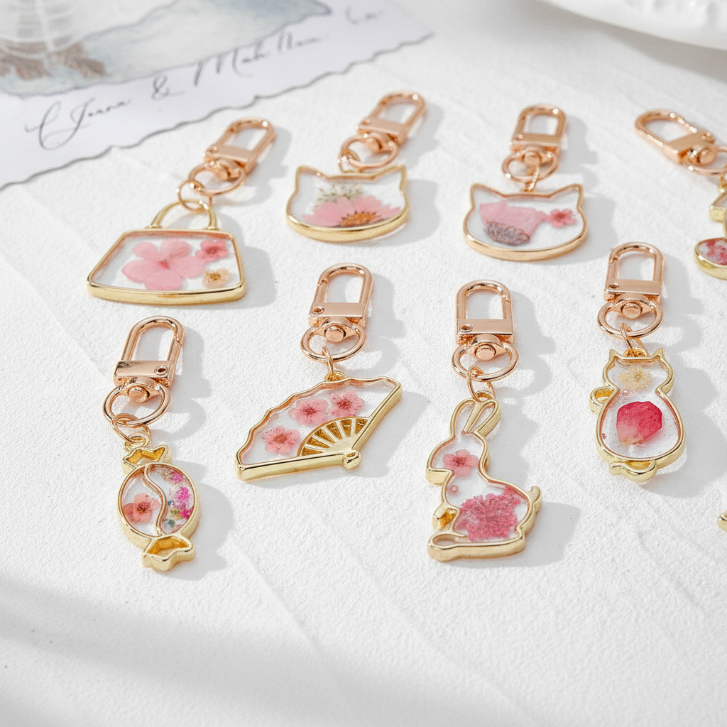 Assorted Pink Botanical Bag and Key Charm, Floral Resin Keychain, Nature Inspired Purse Charm, Gift for Her