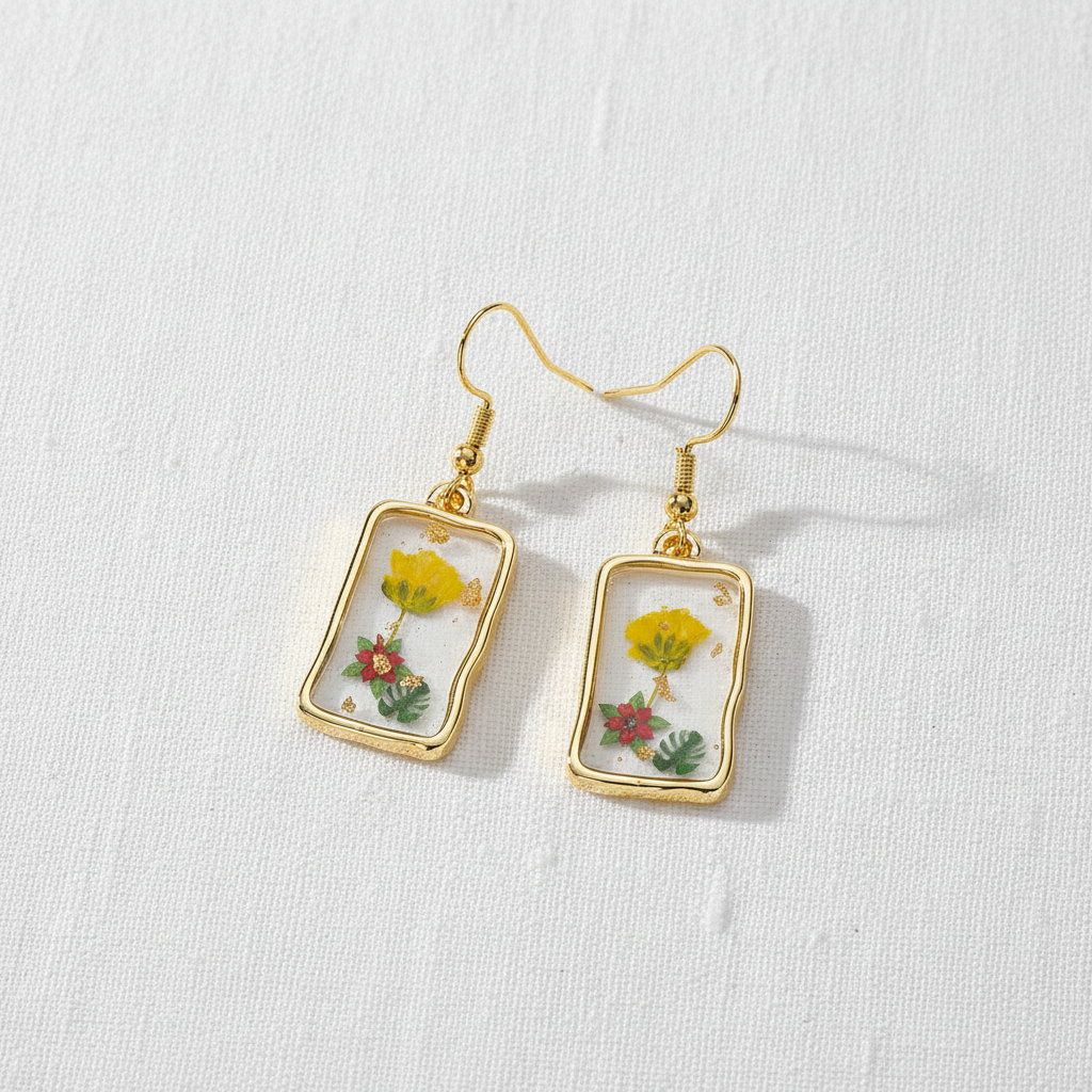 Assorted Botanical Print Geometric Rectangle Drop Earrings, Floral Dangles, Nature Inspired Gift for Her