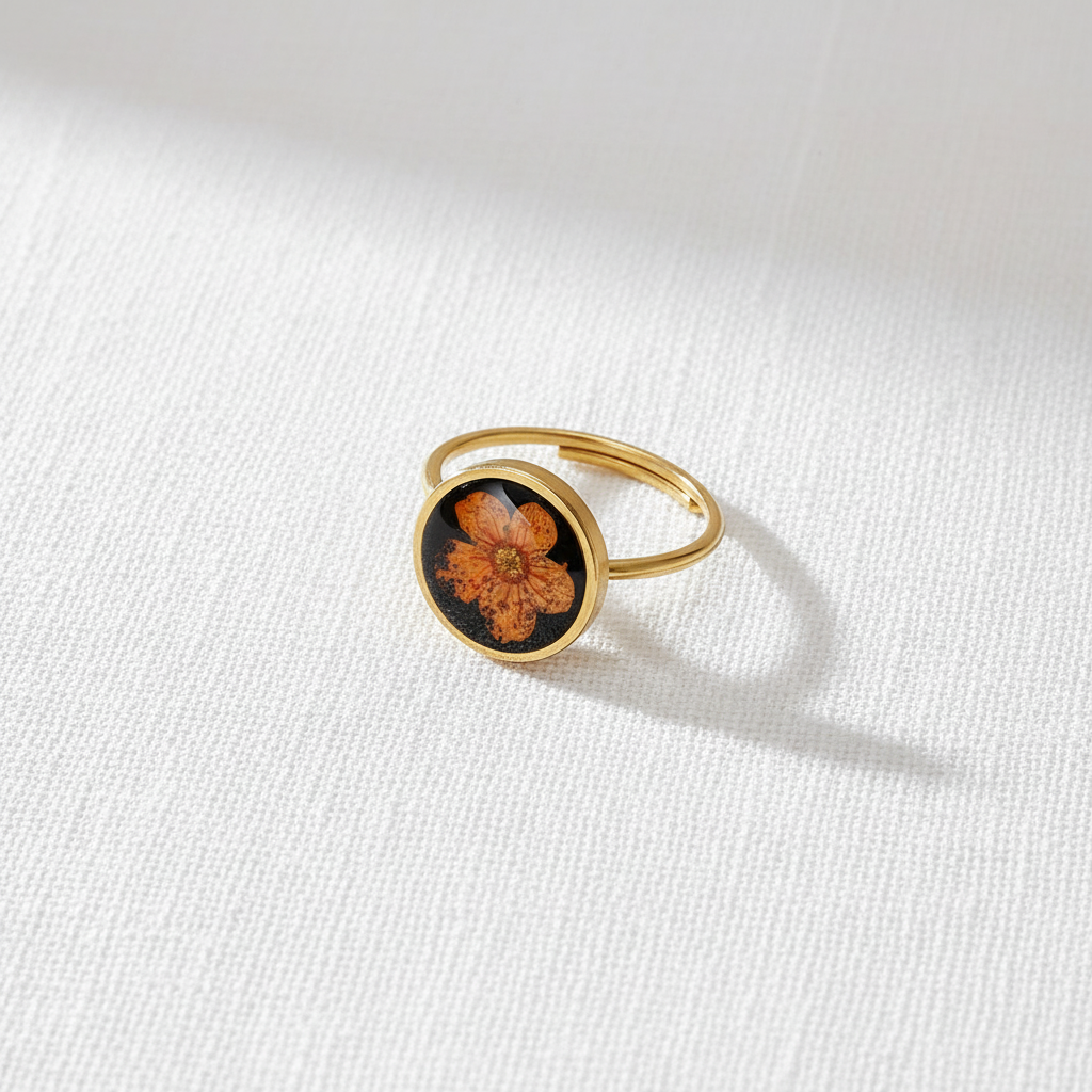 Black Dried Flower Adjustable Ring, Geometric Botanical Resin Jewelry, Nature Inspired Gift for Her