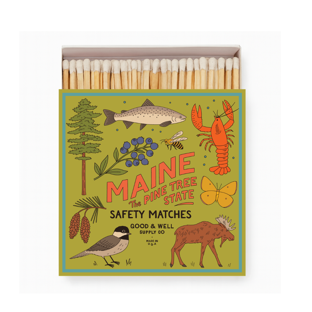 Maine State Safety Matches | Illustrated State Matchbox | Pine Tree State Gift | Candle Matches | Made in USA