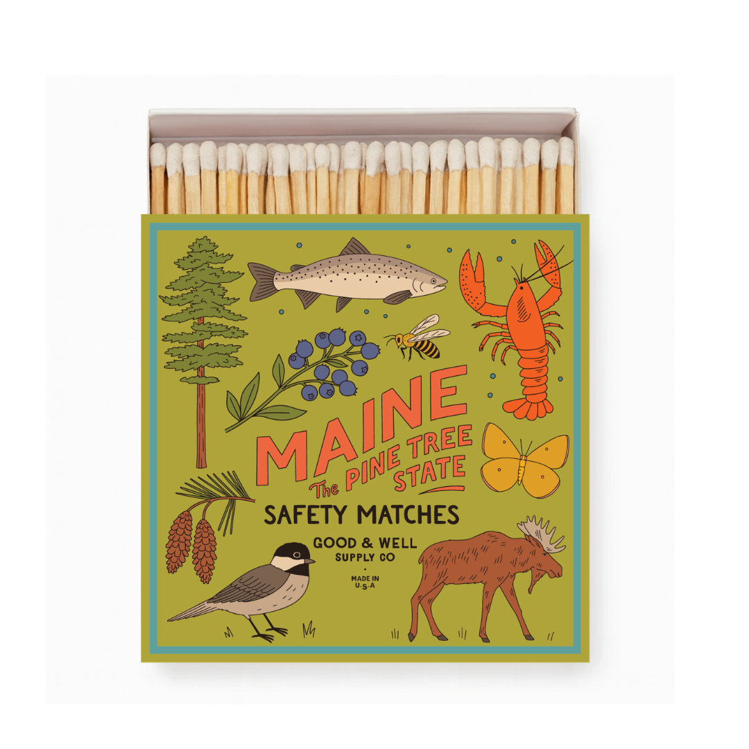 Maine State Safety Matches | Illustrated State Matchbox | Pine Tree State Gift | Candle Matches | Made in USA