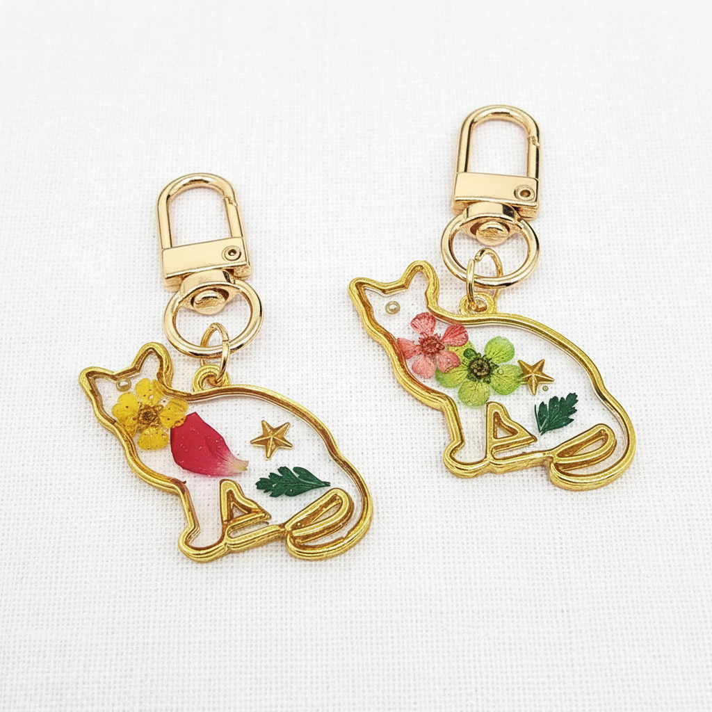 Cat Shaped Botanical Keychain, Preserved Floral Resin Charm, Nature Inspired Gift for Cat Lovers