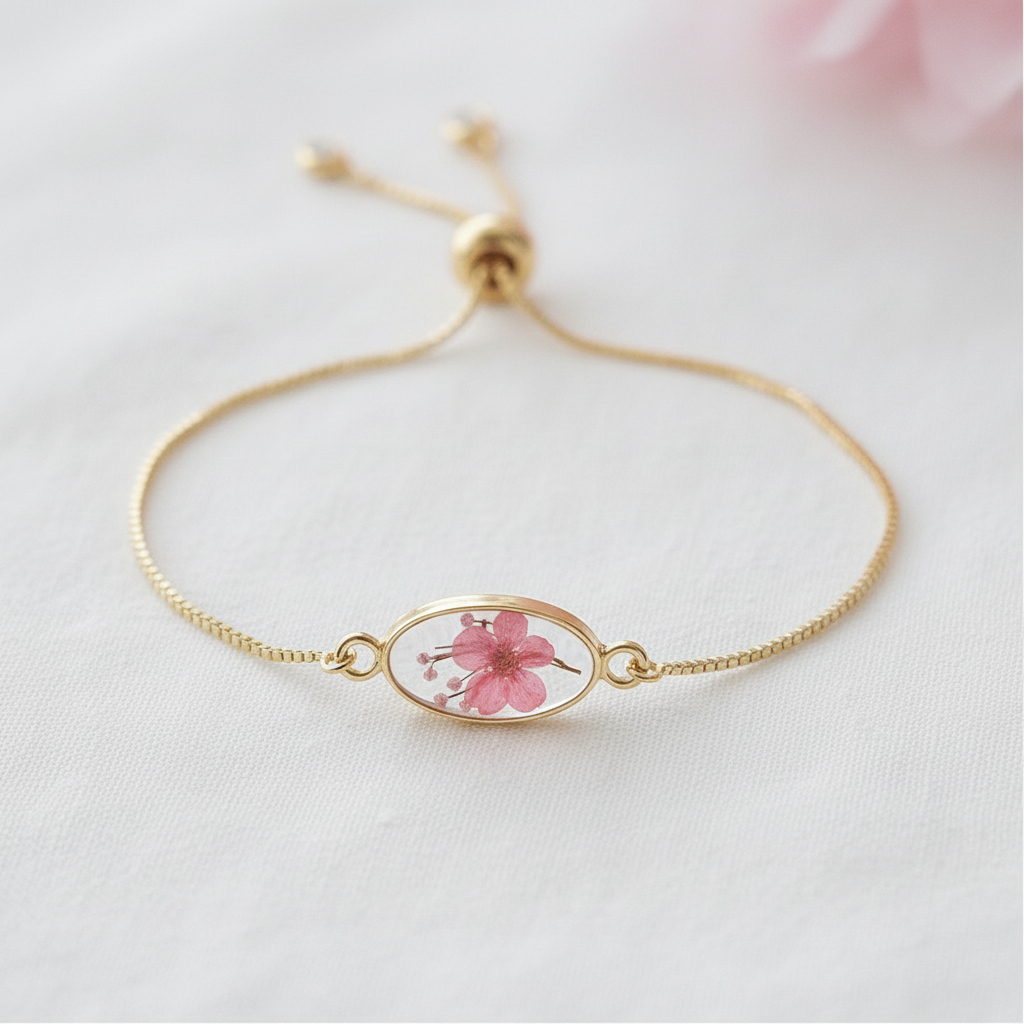 Pink Dried Flower Slider Bracelet, Geometric Botanical Jewelry, Preserved Floral Adjustable Bracelet
