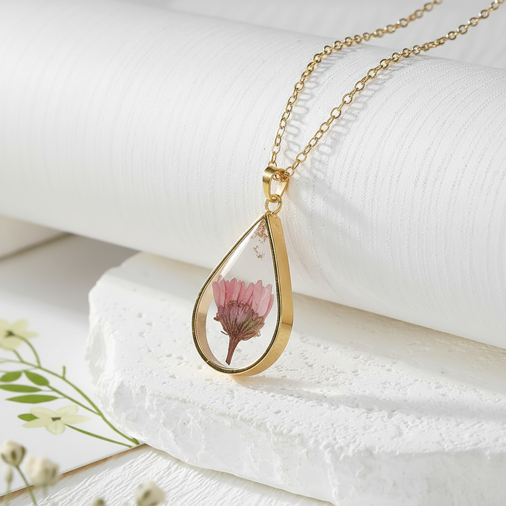 Teardrop Handmade Preserved Floral Specimen Pendant Necklace, Botanical Resin Jewelry, Gift for Her