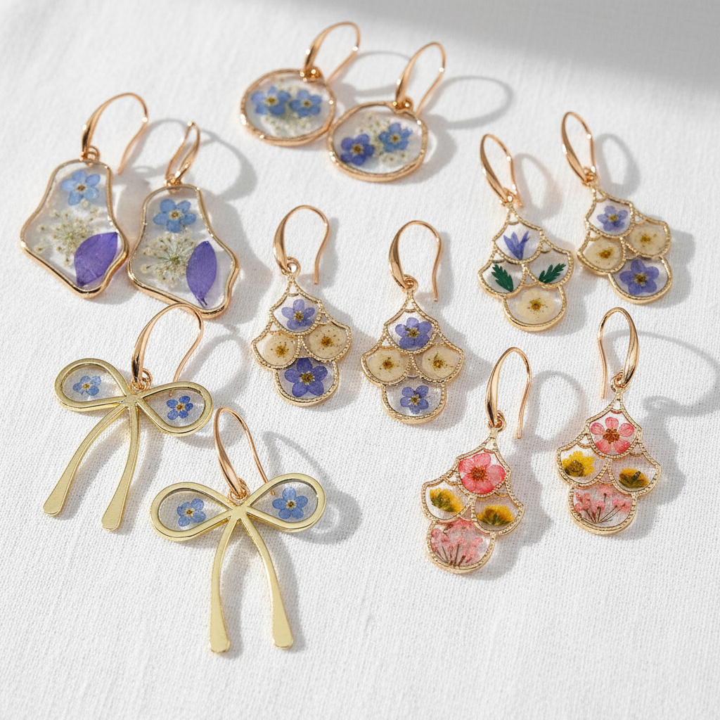 Blue Dried Flower Resin Earrings, Botanical Floral Dangle Earrings, Nature Inspired Gift for Her