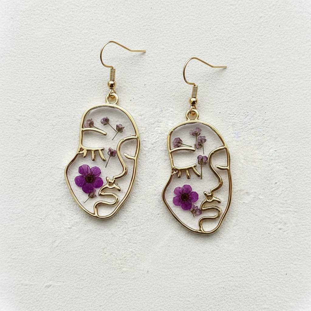 Face Silhouette Drop Earrings, Botanical Resin Earrings, Dried Flower Nature Jewelry