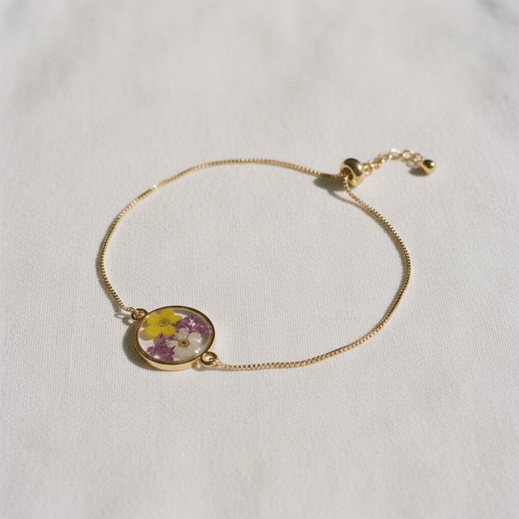 Dried Flower Disc Adjustable Slider Bracelet, Botanical Resin Jewelry, Nature Inspired Bracelet, Gift for Her