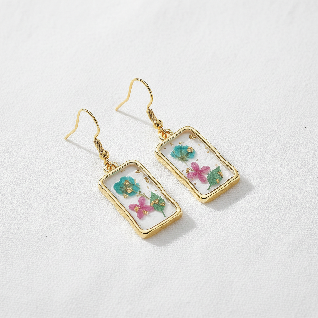 Assorted Botanical Print Geometric Rectangle Drop Earrings, Floral Dangles, Nature Inspired Gift for Her