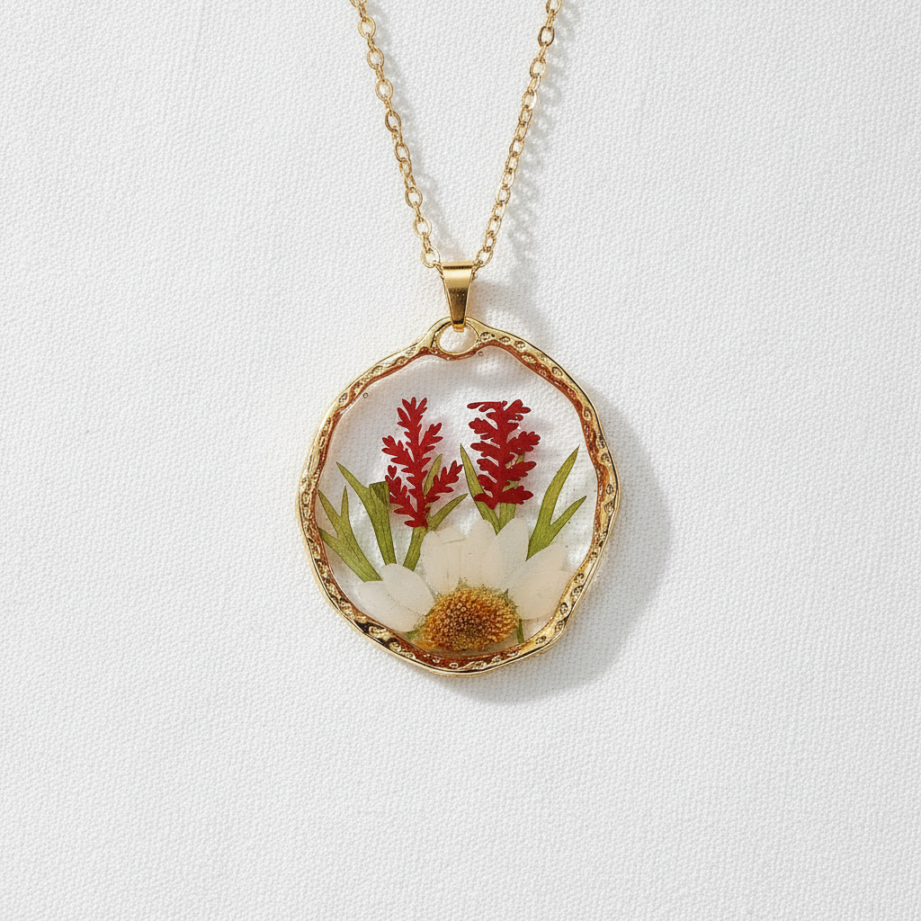 Colorful Preserved Daisy Pendant Necklace, Real Dried Flower Resin Jewelry, Botanical Nature Inspired Gift for Her