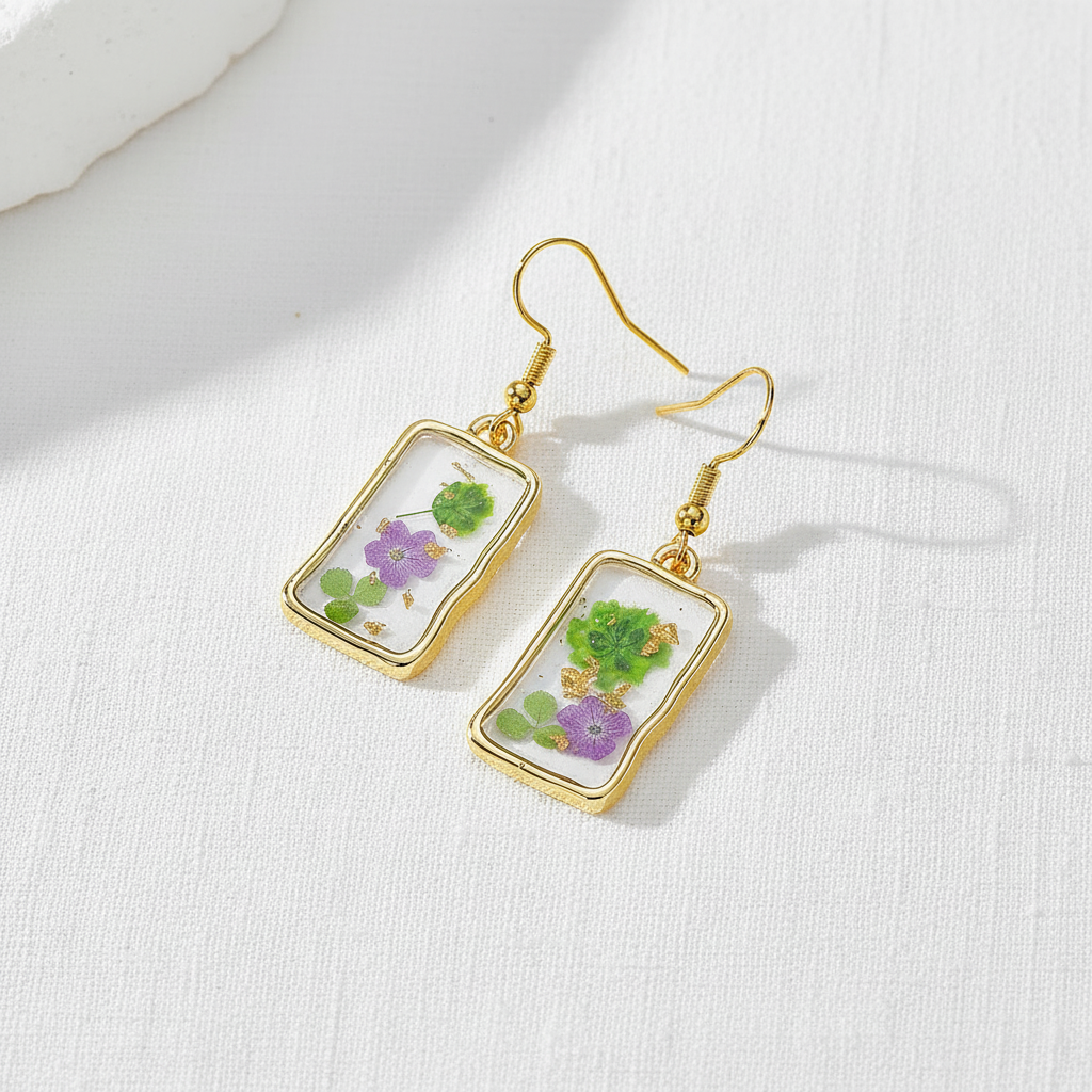 Assorted Botanical Print Geometric Rectangle Drop Earrings, Floral Dangles, Nature Inspired Gift for Her