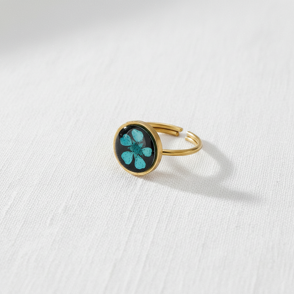 Black Dried Flower Adjustable Ring, Geometric Botanical Resin Jewelry, Nature Inspired Gift for Her