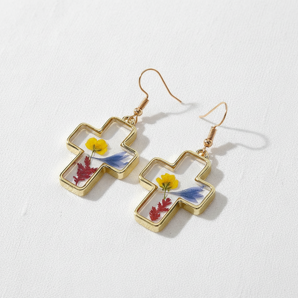 Clear Encased Botanical Geometric Drop Earrings, Real Dried Flower Resin Jewelry, Nature Inspired Gift for Her
