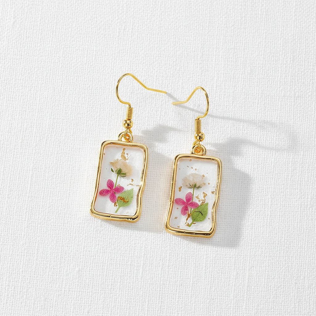 Assorted Botanical Print Geometric Rectangle Drop Earrings, Floral Dangles, Nature Inspired Gift for Her