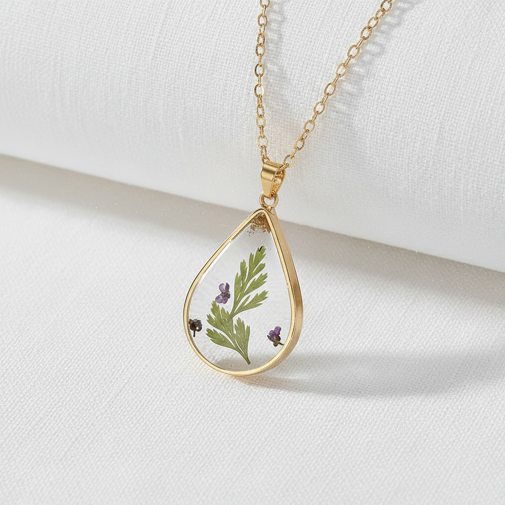 Teardrop Handmade Preserved Floral Specimen Pendant Necklace, Botanical Resin Jewelry, Gift for Her