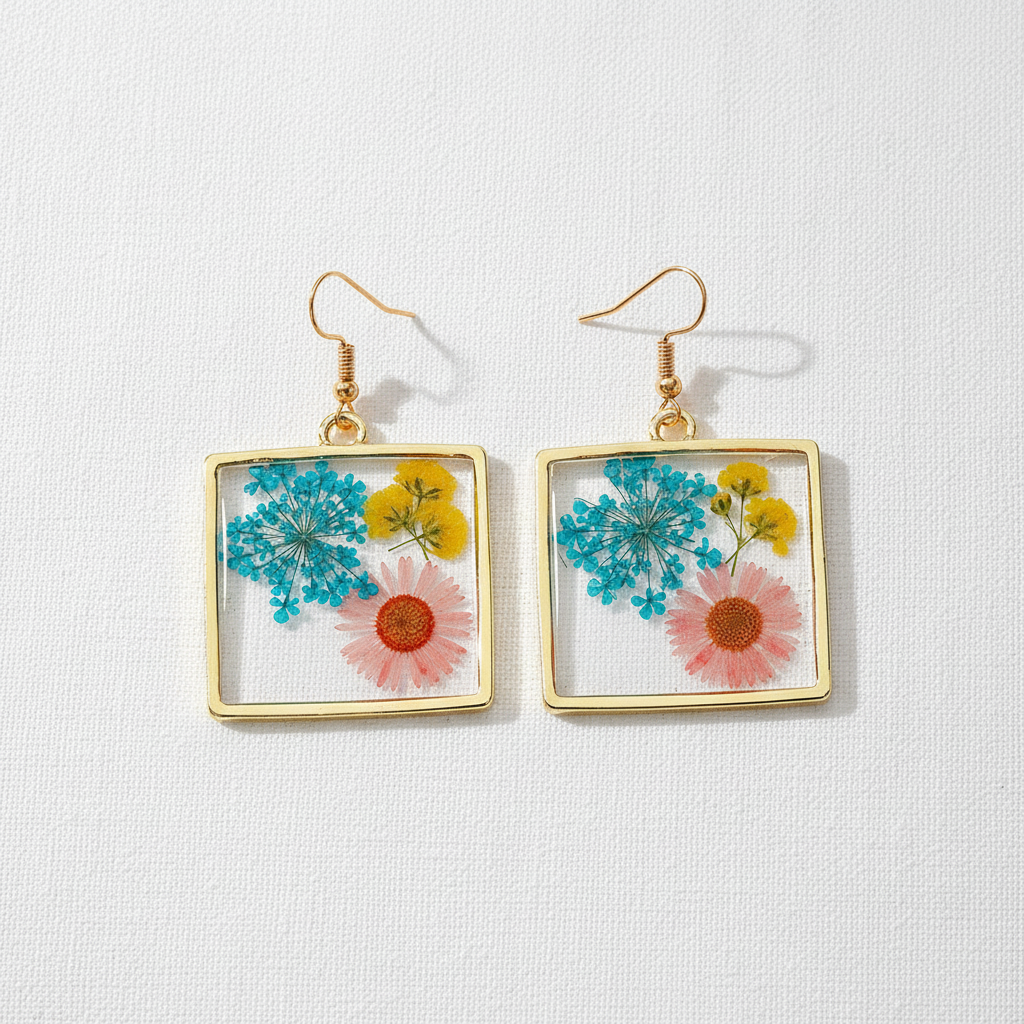 Clear Encased Botanical Geometric Drop Earrings, Real Dried Flower Resin Jewelry, Nature Inspired Gift for Her