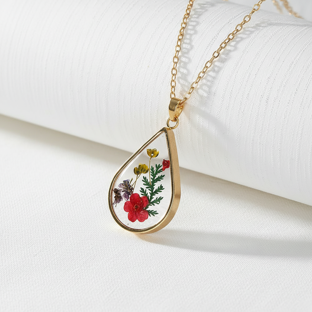 Teardrop Handmade Preserved Floral Specimen Pendant Necklace, Botanical Resin Jewelry, Gift for Her