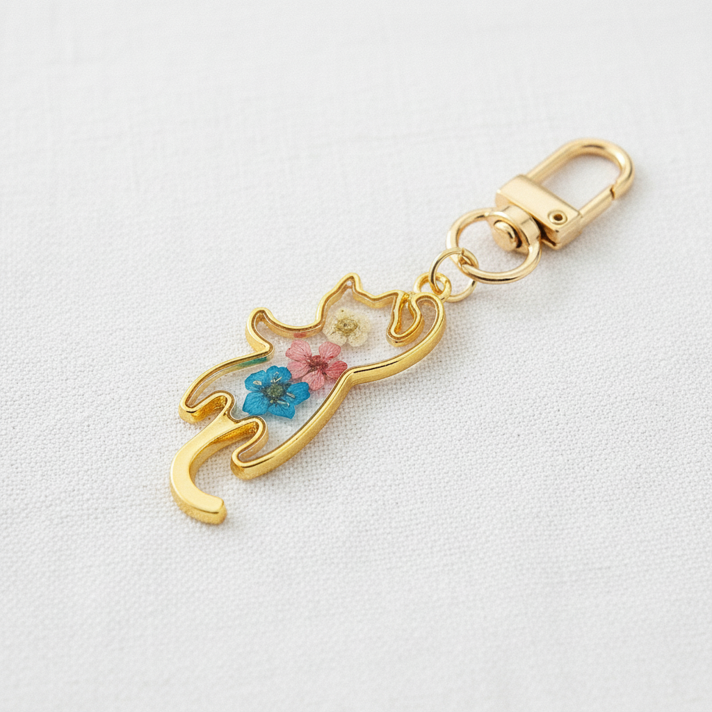 Cat Shaped Botanical Keychain, Preserved Floral Resin Charm, Nature Inspired Gift for Cat Lovers