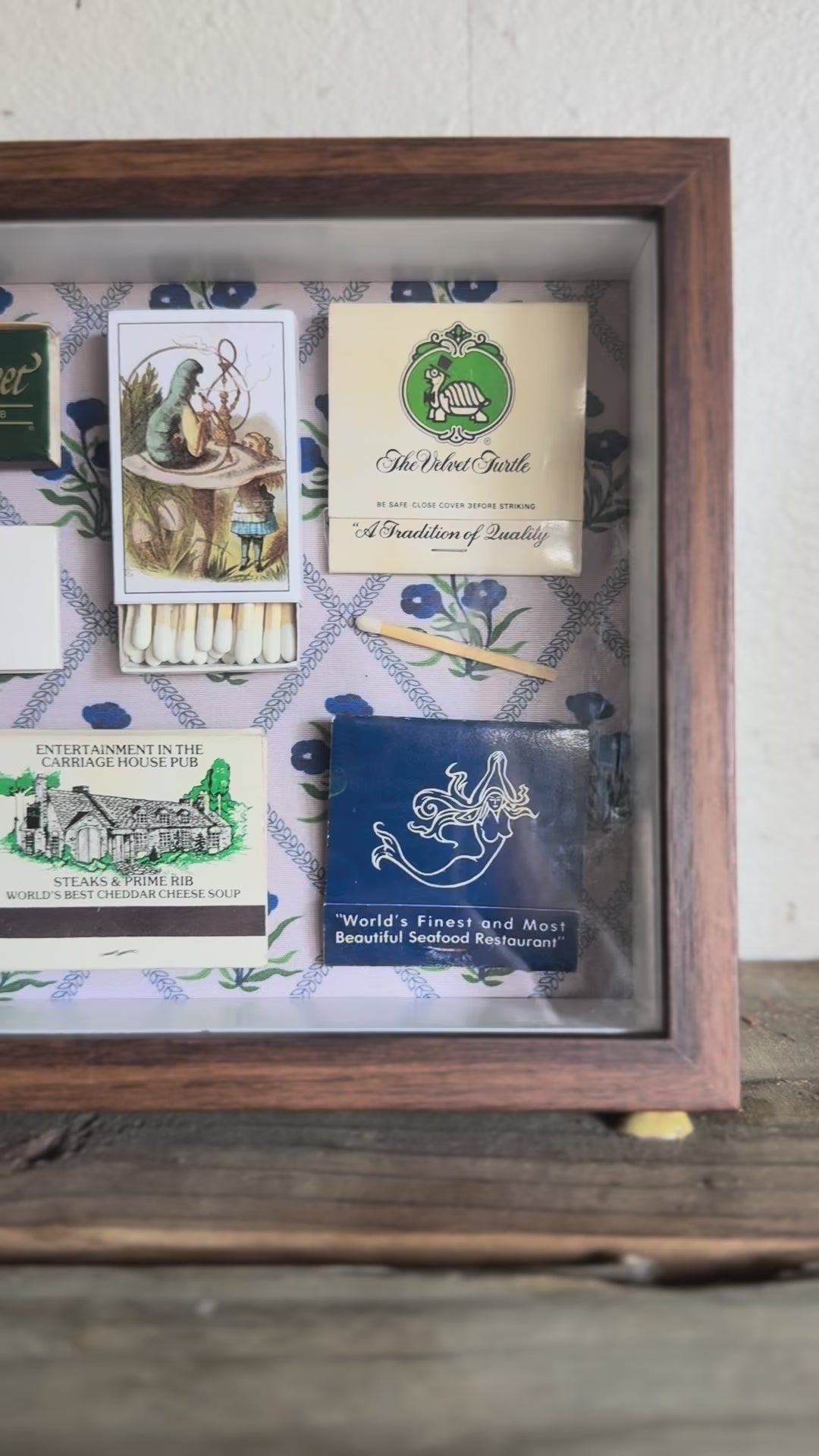 Alice in Wonderland Matchbook Shadow Box, Vintage Restaurant Ephemera Wall Art, Blue Floral Framed Collage, One-of-a-Kind Decor